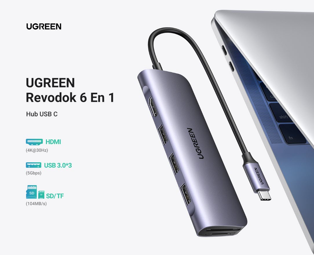 Vista frontal del HUB USB-C 6 en 1