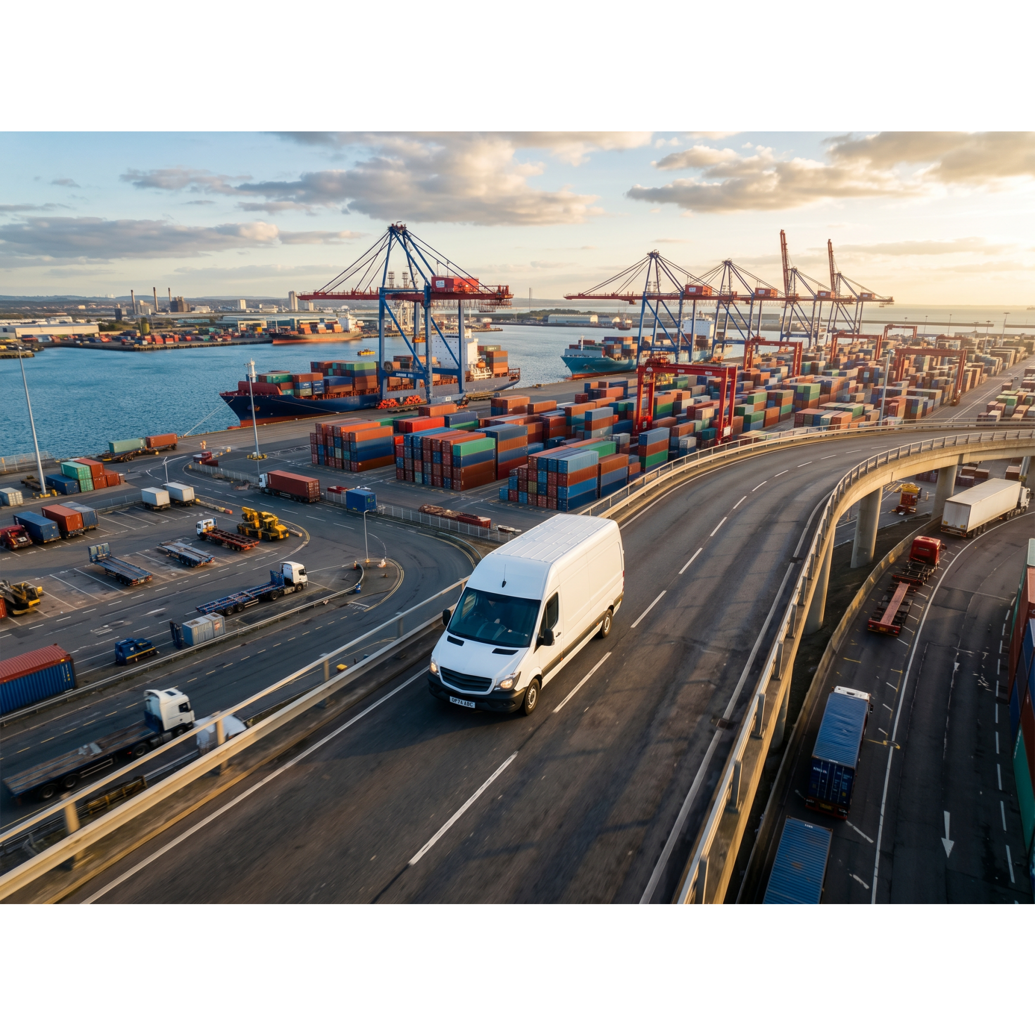 Van comercial en zona industrial portuaria