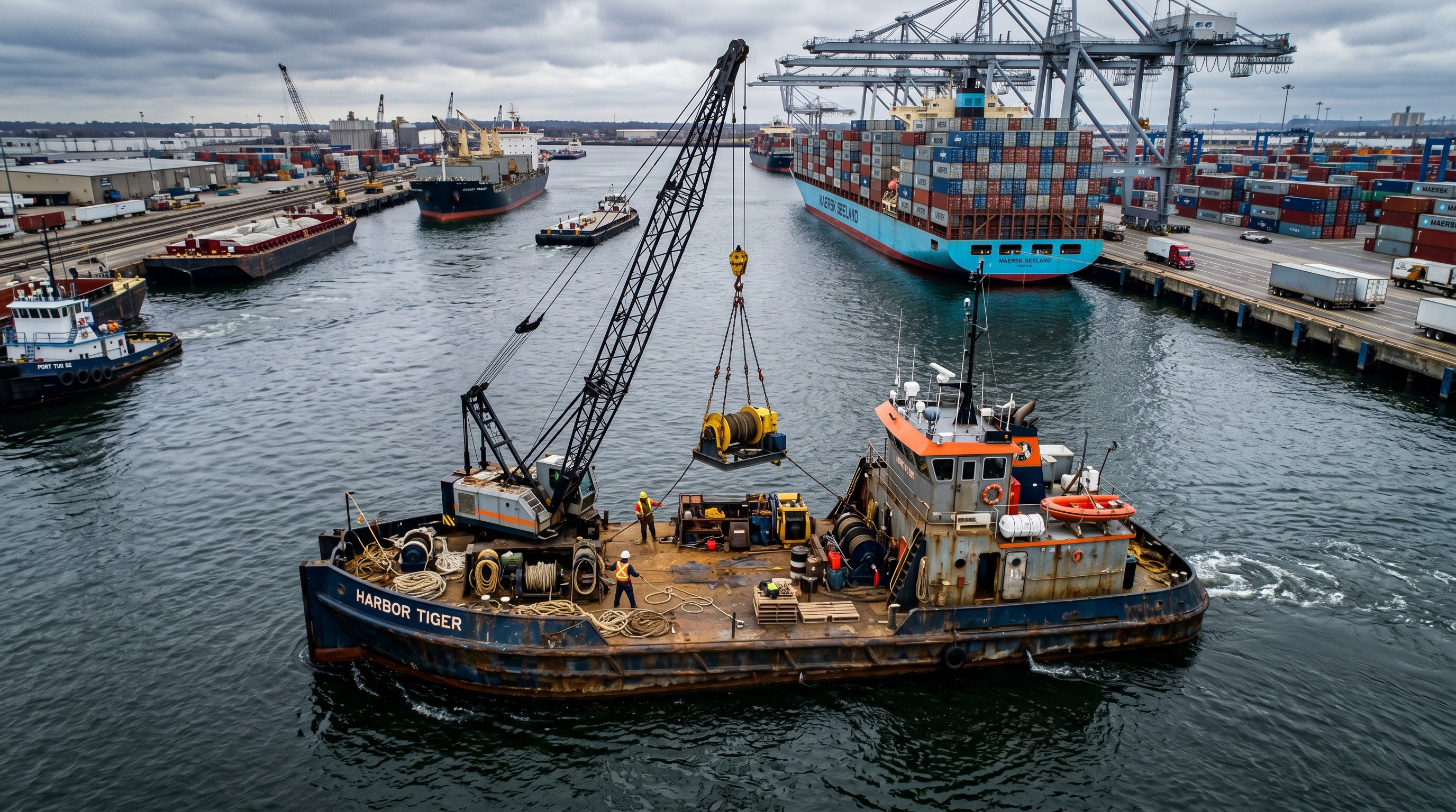 Bote de trabajo en puerto comercial