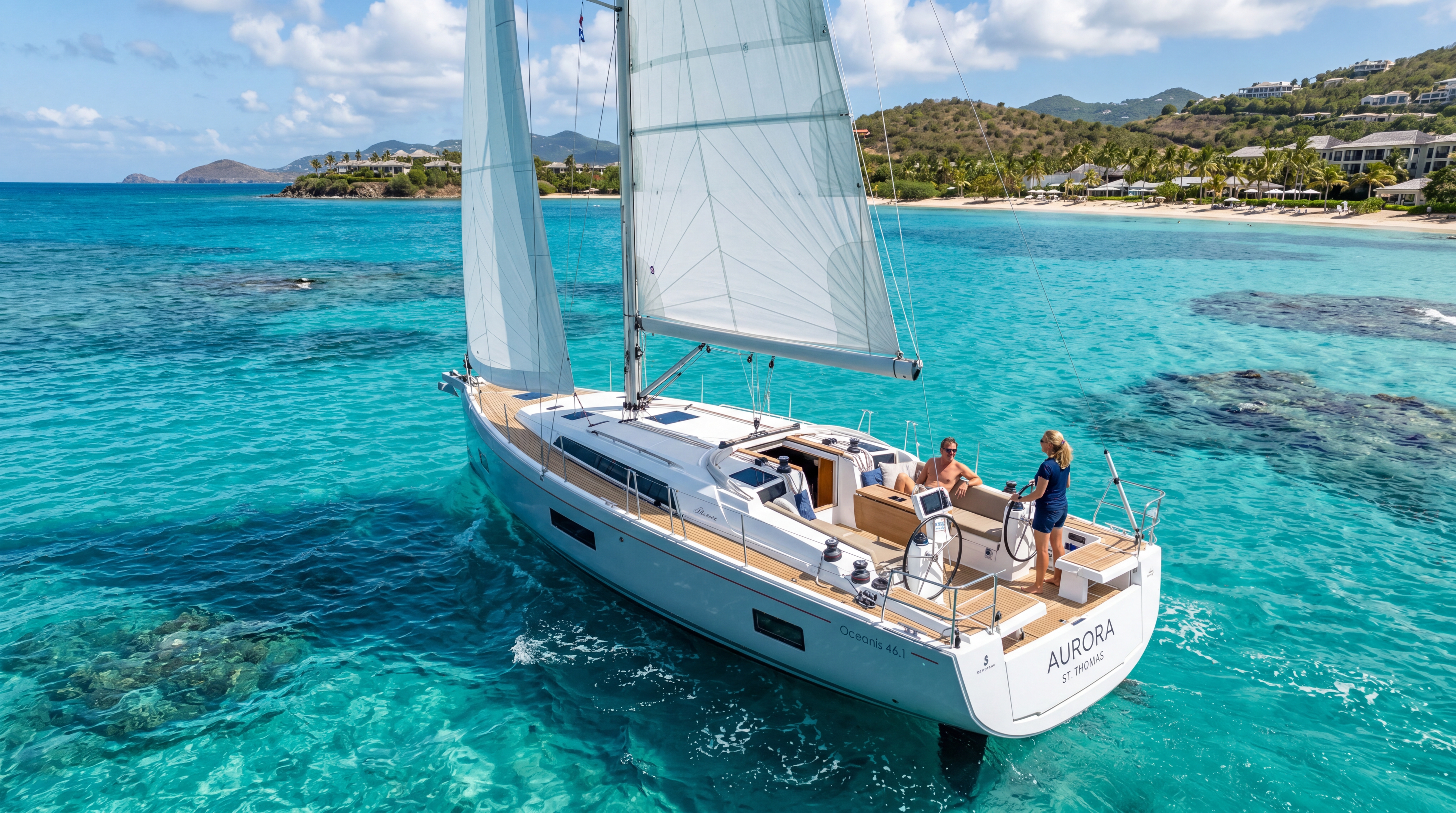 Velero recreativo en aguas turquesa del Caribe con equipo Ritchie
