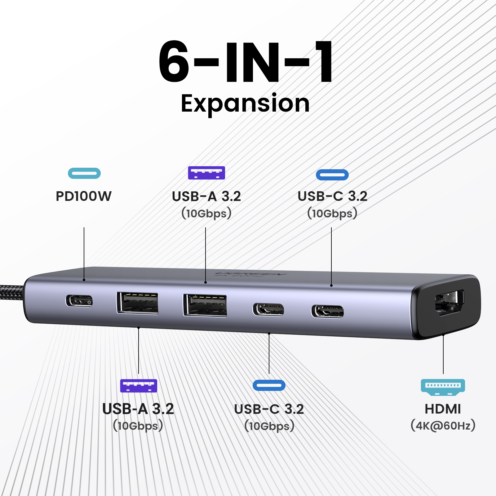 Hub USB-C 6 en 1: 10Gbps, 4K@60Hz, PD 100W