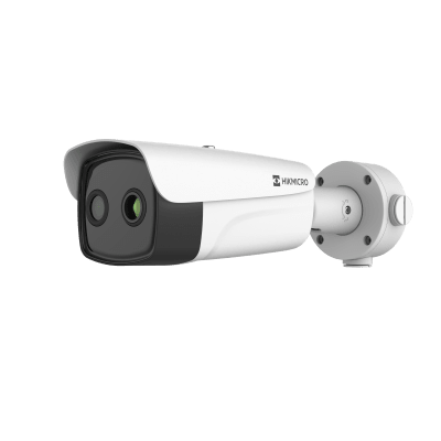 (HIKMICRO) Bala IP Bi-espectral / Térmica (384 X 288 / 9.7 mm) + Óptica (4 MP / 6.4 mm) / IA GUANLAN / Rango: -20°C a 650°C / 2°C Margen / Detección de Fuego y Humo / Alarma Visual y Audible / Dual Light / PoE / IP67 / Ant