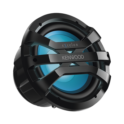 Subwoofer excelon motorsport de 10" fabricado en rejilla color negro, cuenta con iluminación Led ajustable vía RF  